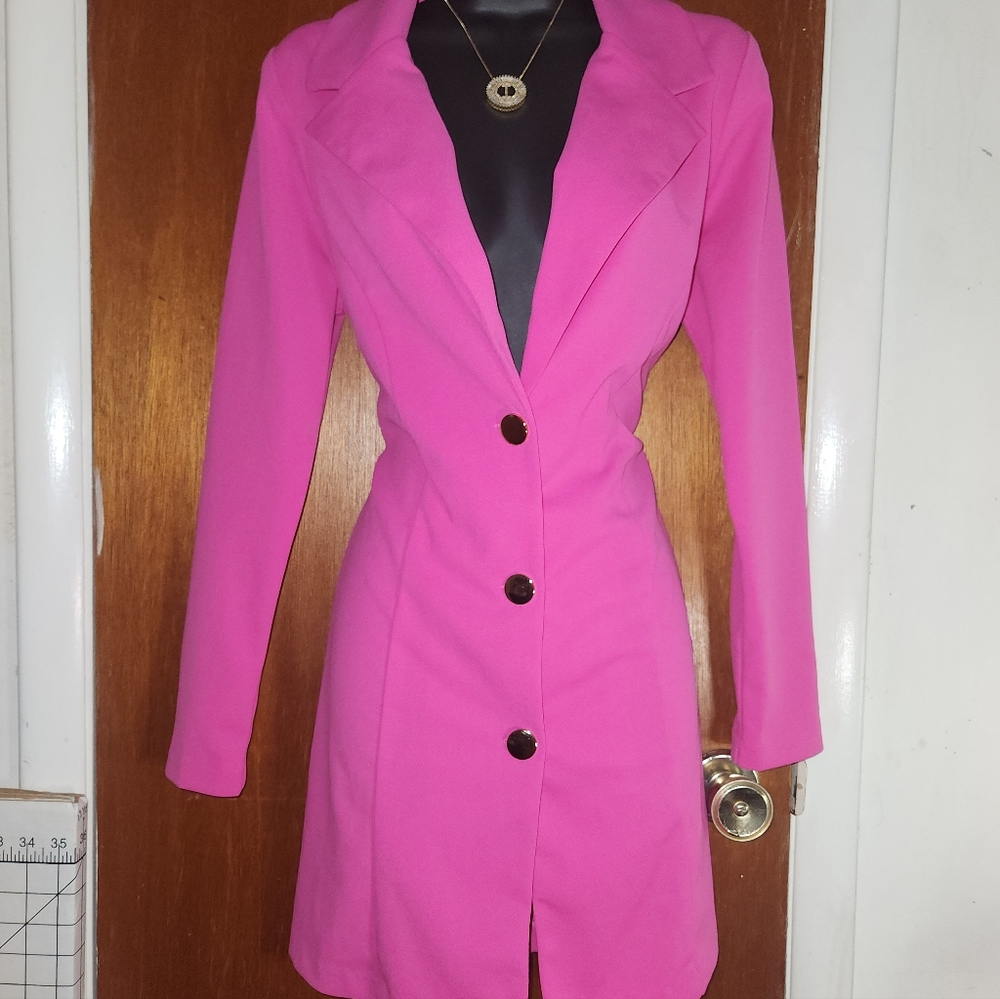 Fuchsia pink long sleeve Mini blazer dress with gold buttons